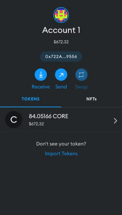 A screen shot of the account screen on a cell phone, with simple steps on how to claim the $core airdrop. Simple step by step how to claim $core airdrop