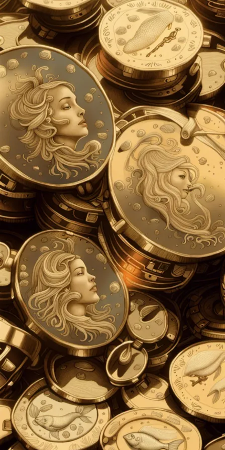 a pile of gold coin with a woman's face on it