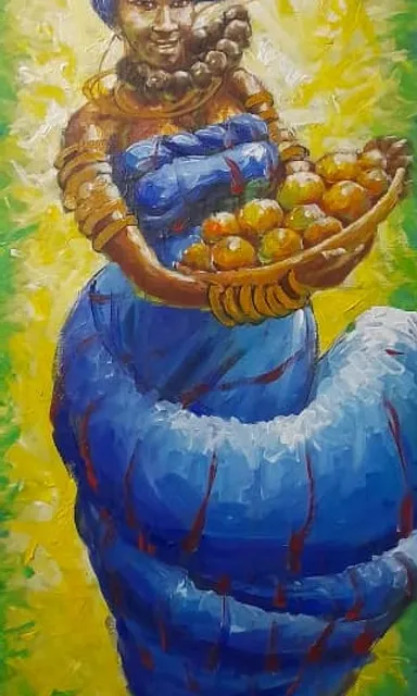 a painting of a woman holding a basket of fruit make animation for 30 seconds