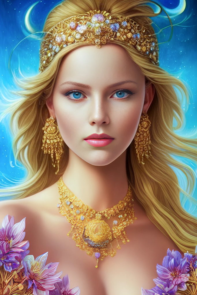 A painting of Scarlett Leithold, wearing a tiara.  ultra realistic photo portrait of Scarlett Leithold cosmic energy, colorful, painting burst, beautiful symmetrical face, nonchalant kind look, realistic round eyes, tone mapped, intricate, elegant, highly detailed, digital painting, artstation, concept art, smooth, sharp focus, illustration, dreamy magical atmosphere, art by artgerm and greg rutkowski and alphonse mucha, 4k, 8k