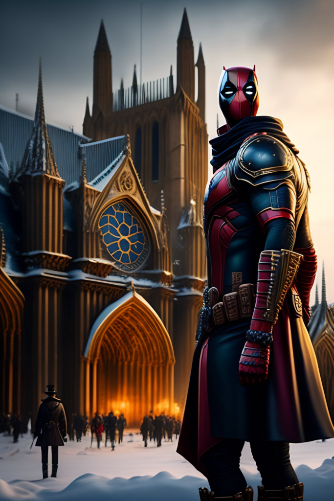 a man in a costume standing in front of a castle