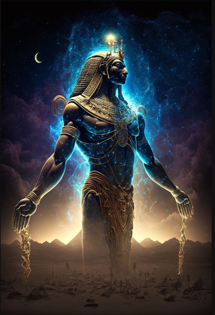 an egyptian god standing in the desert with his hands on his hips