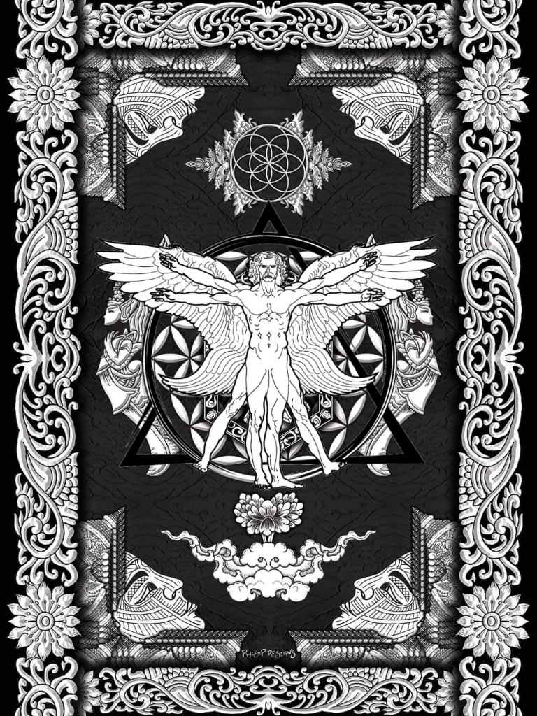 a black and white drawing of a man with wings. Leonadro davinci, ai, digital, art. Leonadro davinci, ai, digital, art,