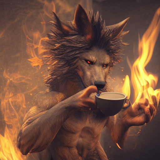 a wolf holding a cup of coffee in its paws
