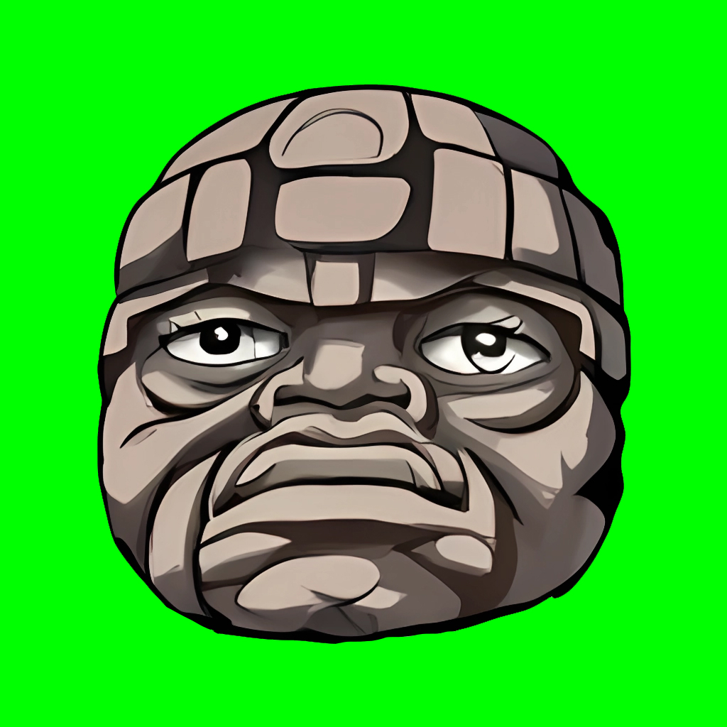 a drawing of a man's face on a green background with Olmec head smiling and winks. Olmec head smiles and winks on a green background