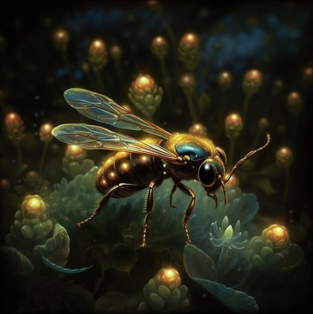 a painting of a bee with glowing lights on it's wings