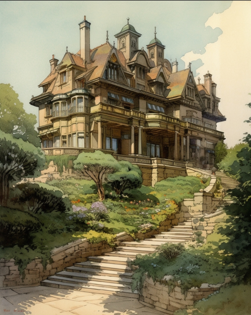 a drawing of a large house with a lot of windows