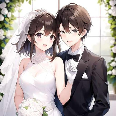 a bride and groom standing next to each other