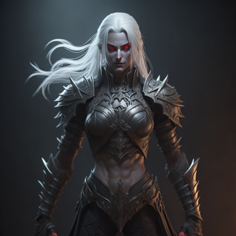 a woman with white hair and red eyes wearing armor