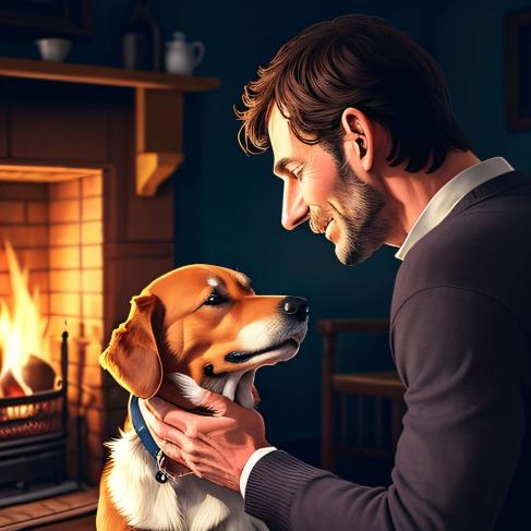 a man holding a dog in front of a fireplace