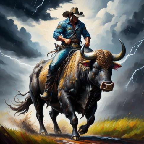 a painting of a cowboy riding a bull