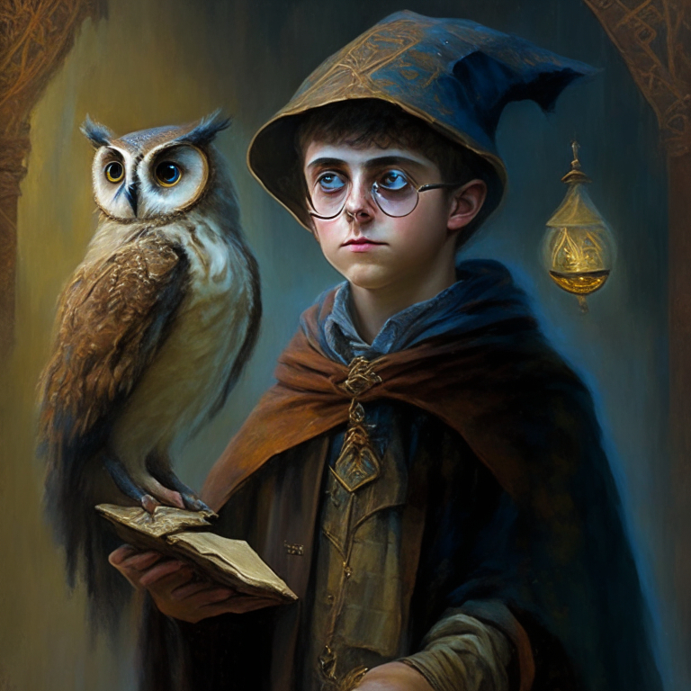 a painting of a boy holding an owl