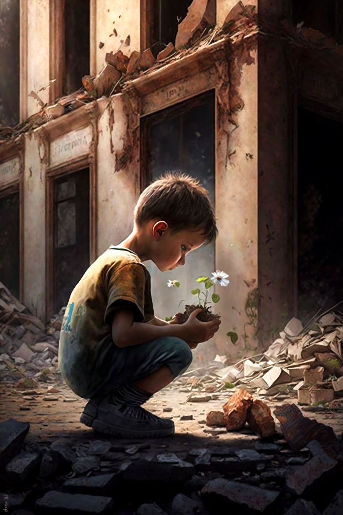 a young boy kneeling down in front of a destroyed building