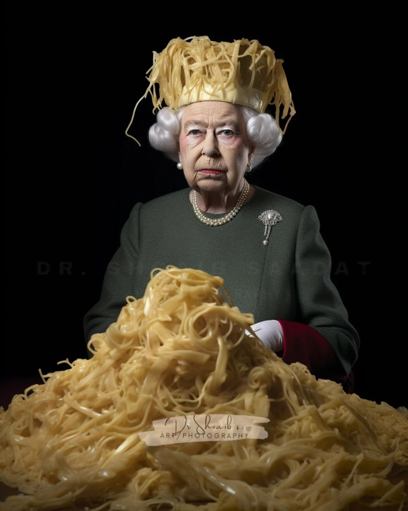 a woman in a wig sitting in front of a pile of noodles