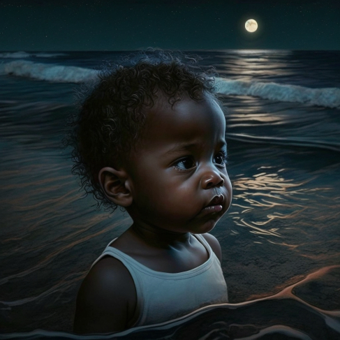 a painting of a baby in the ocean at night