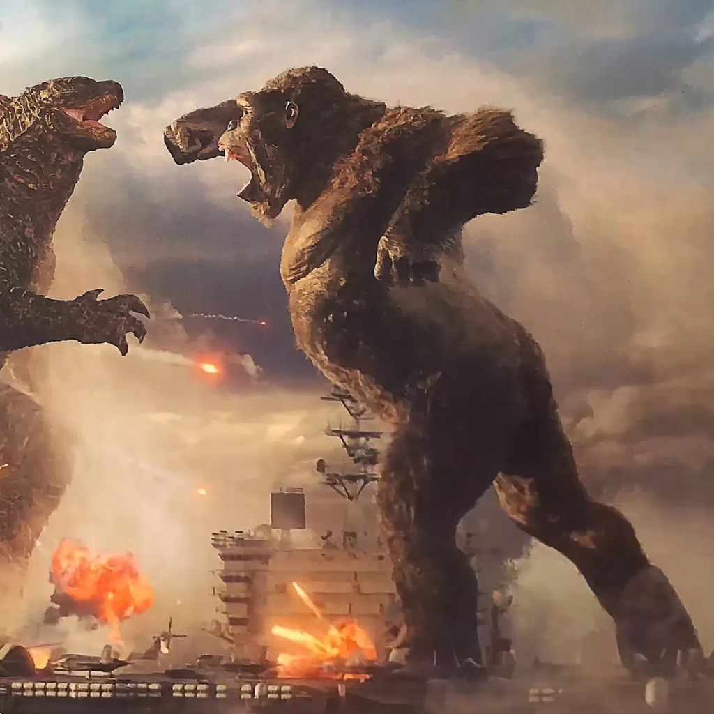 two godzillas fighting in front of a battleship