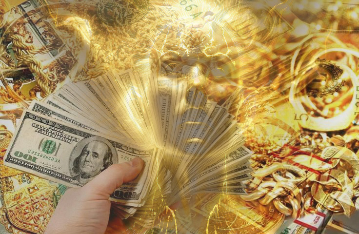 a person holding a bunch of money with rays of light and golden shimmers. add rays of light and golden shimmers