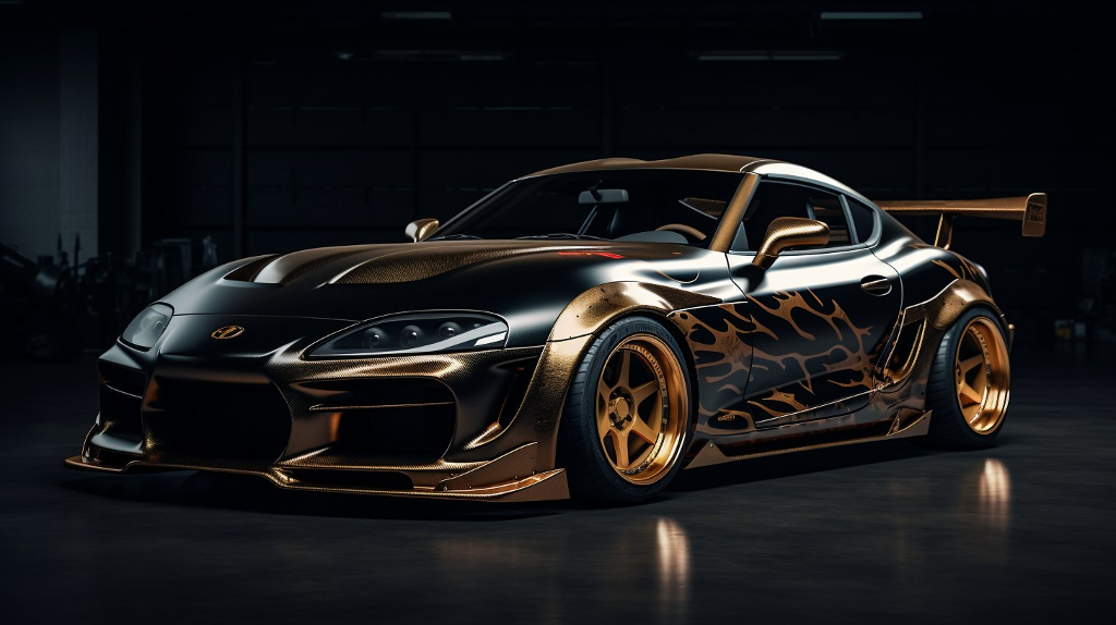 a gold colored sports car in a dark garage