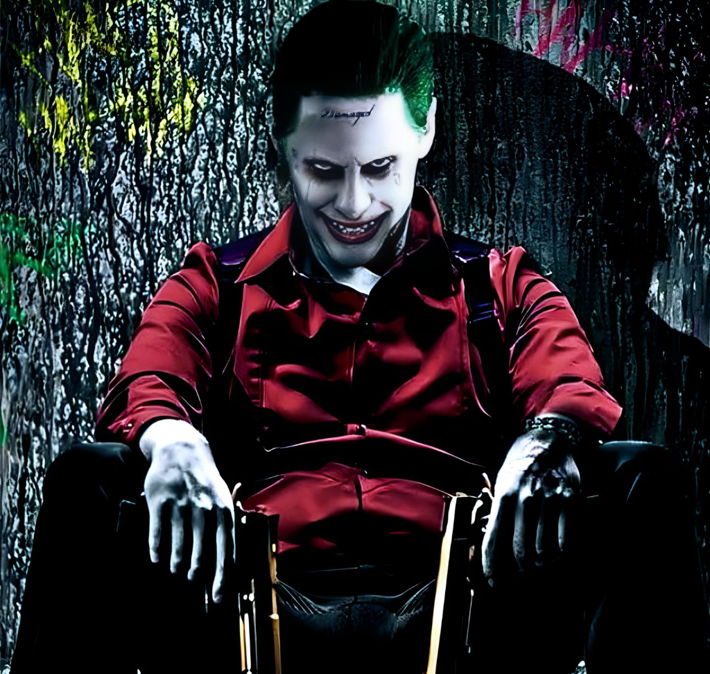 a man dressed as the joker sitting in a chair