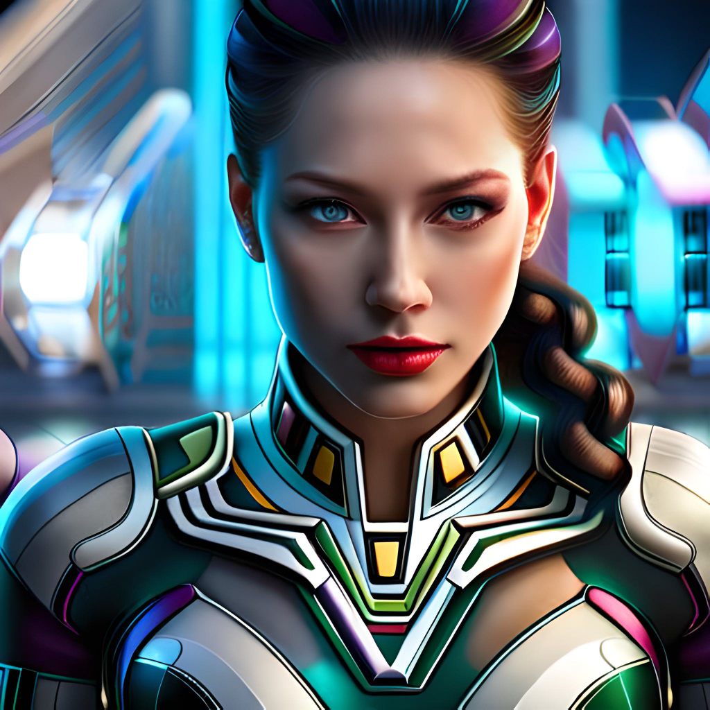 a woman in a futuristic suit with blue eyes