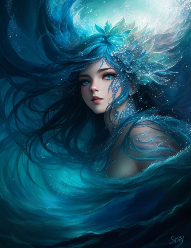 a painting of a woman with blue hair