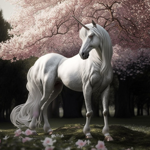 a white unicorn standing in a field of flowers