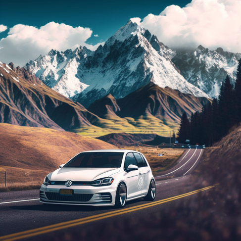 a white car driving down a road with mountains in the background