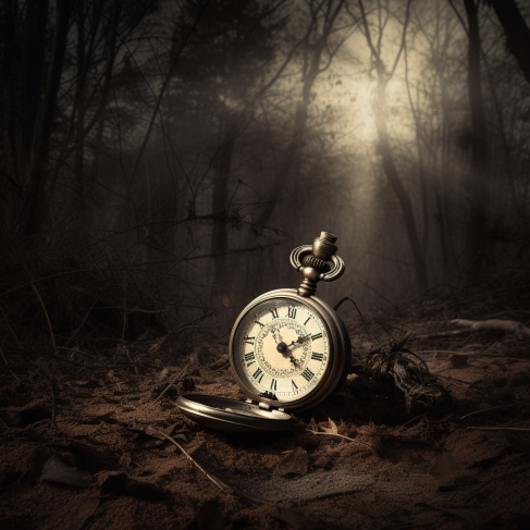 a pocket watch sitting in the middle of a forest