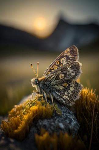 a butterfly sitting on top of a moss covered rock