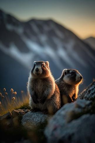 a couple of animals standing on top of a mountain