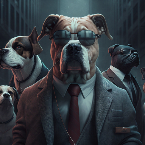 a group of dogs wearing suits and sunglasses