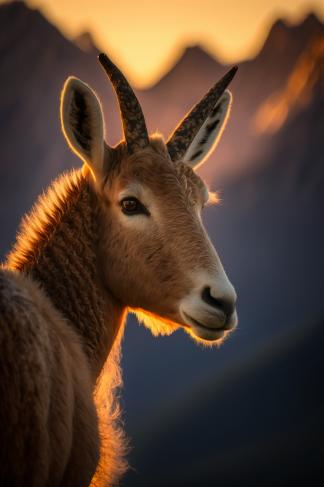 a goat with long horns standing in front of mountains