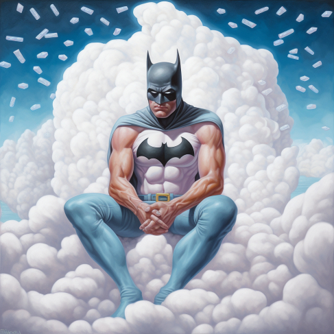 a painting of a batman sitting on a cloud