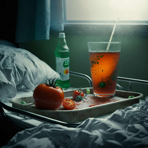 a tray with tomatoes and a drink on it