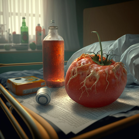 a tomato sitting on top of a table next to a bottle of liquid