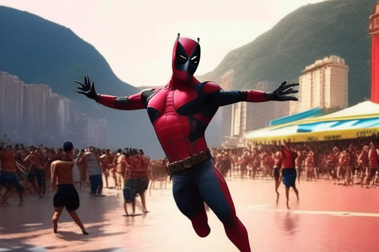 a man in a red and black costume is jumping in the air