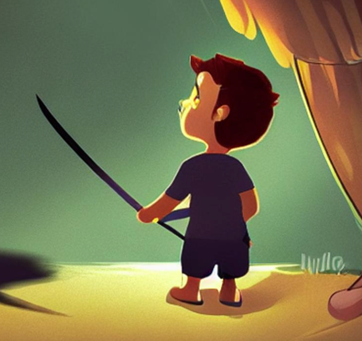 a little boy holding a sword in a cartoon