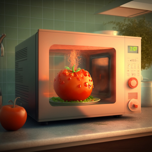 a microwave with a tomato inside of it