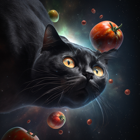 a painting of a black cat surrounded by fruit