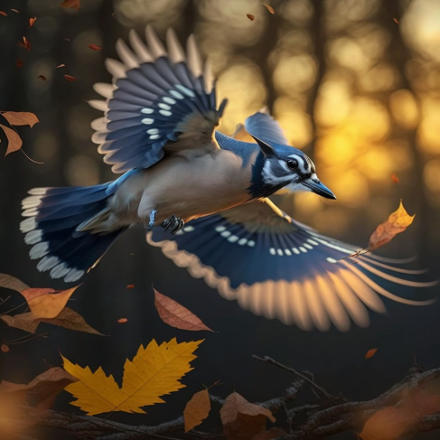 a blue jay flying through a forest filled with leaves