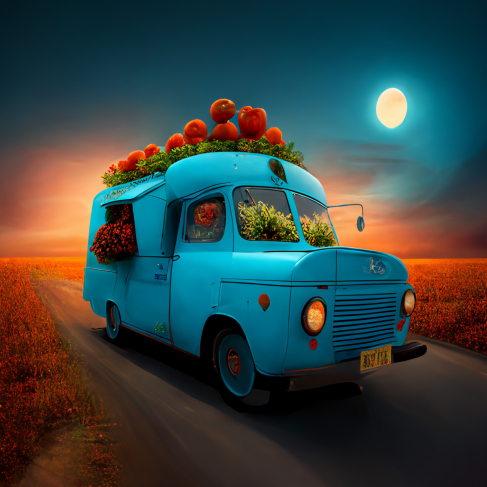 a blue truck with a bunch of pumpkins on top of it