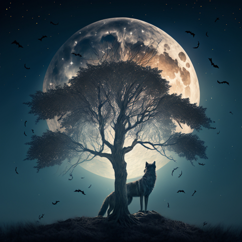 a wolf standing under a tree in front of a full moon