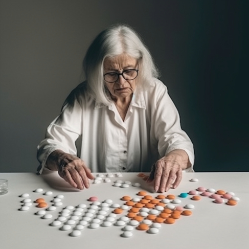 a woman sitting at a table with pills in front of her