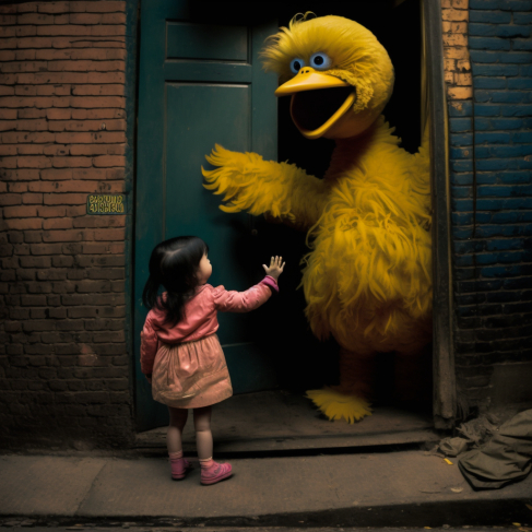 a little girl standing next to a big yellow bird