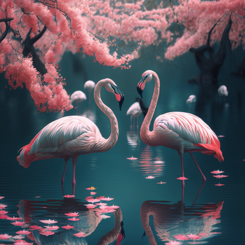 two flamingos are standing in the water surrounded by pink flowers