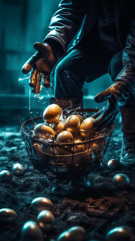 a person in black jacket holding a basket of oranges