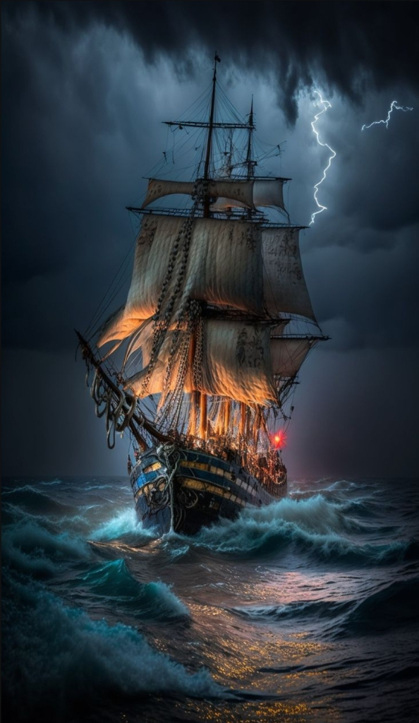 a ship in the middle of a storm with lightning in the background
