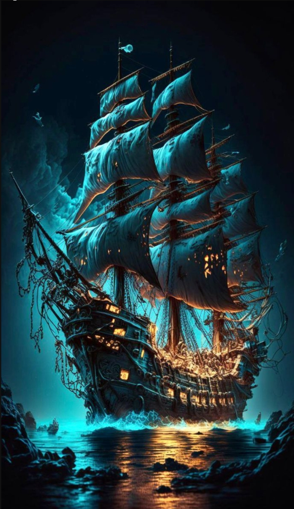 boat, vehicle, watercraft, mast, art, ship, sailboat, tall ship, electric blue, darkness