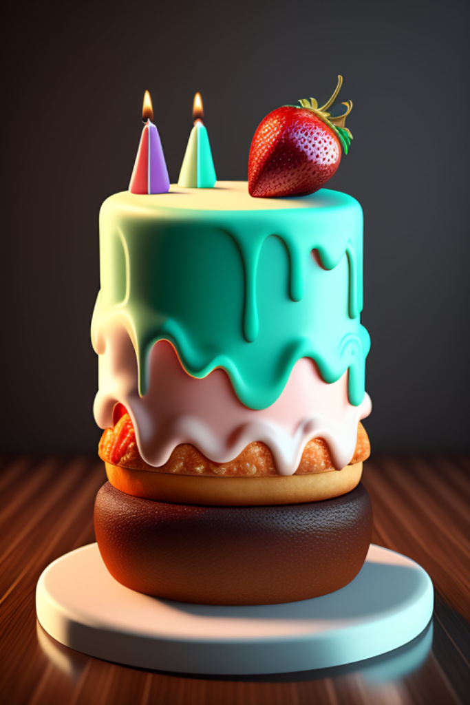 a cake with candles and a strawberry on top. Make this cake in 1080p resolution