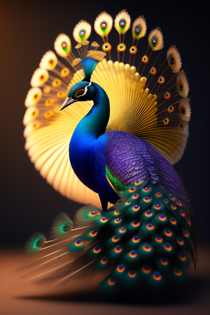 a blue and yellow peacock sitting on top of a table